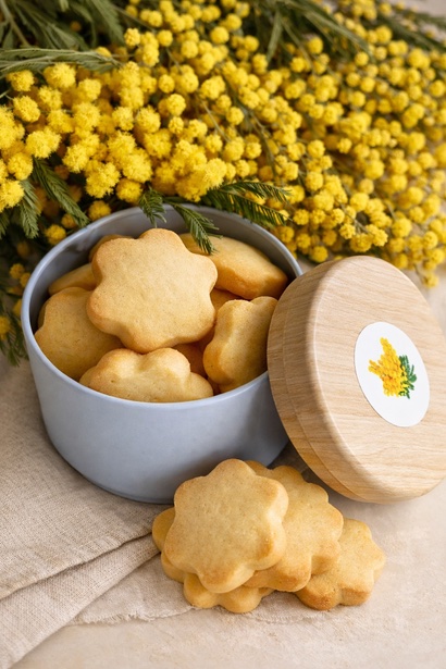 Mini biscuits sablés en boîte métal avec couvercle en bois